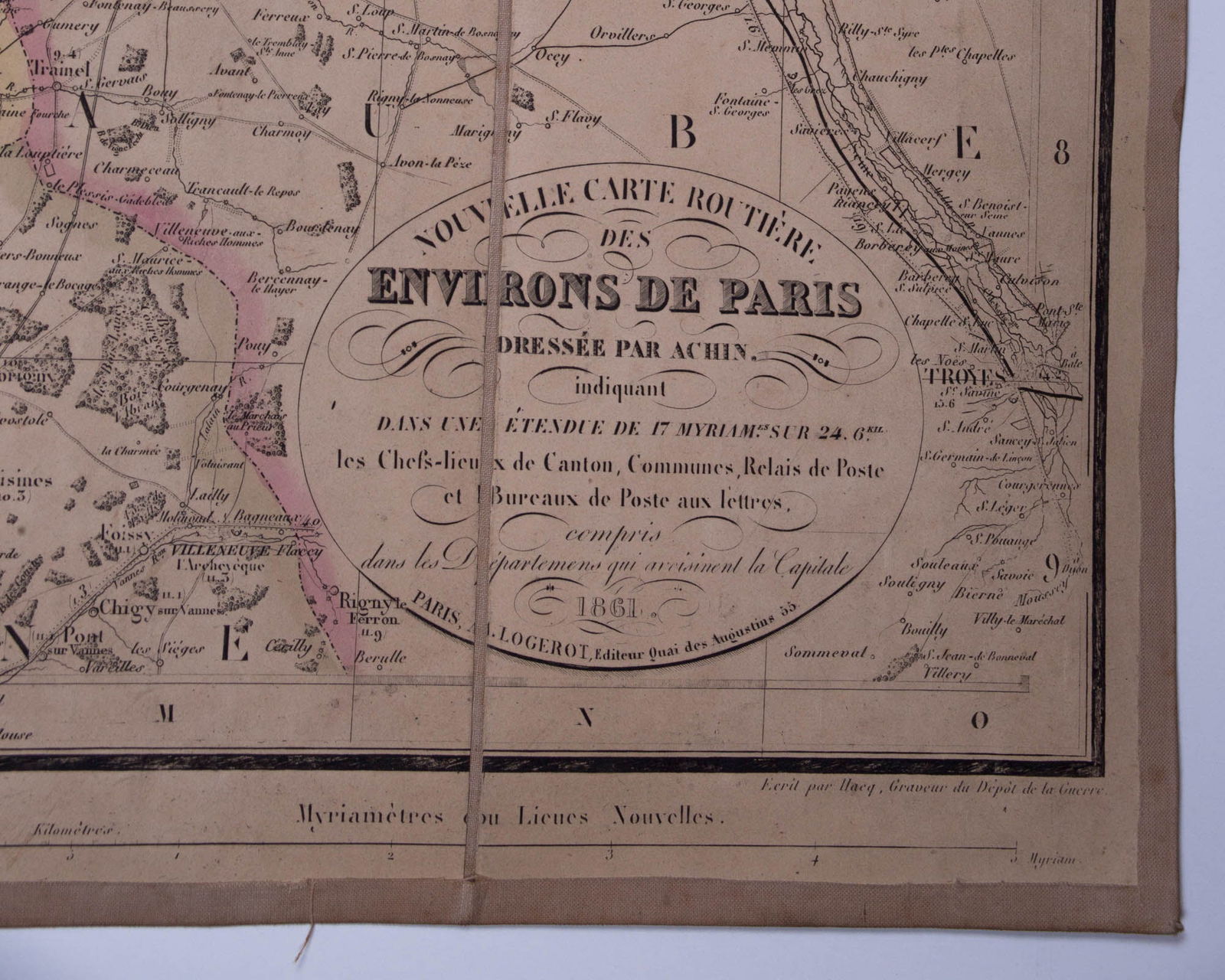 French map Logerot Environ de Paris 1861 on linen - 2