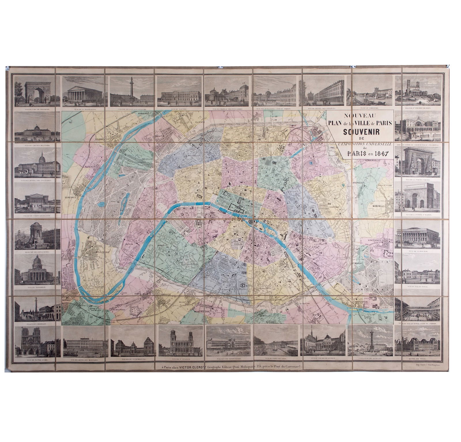 1867 LARGE FRENCH ANTIQUE MAP OF PARIS Victor Clerot on linen backing - 4