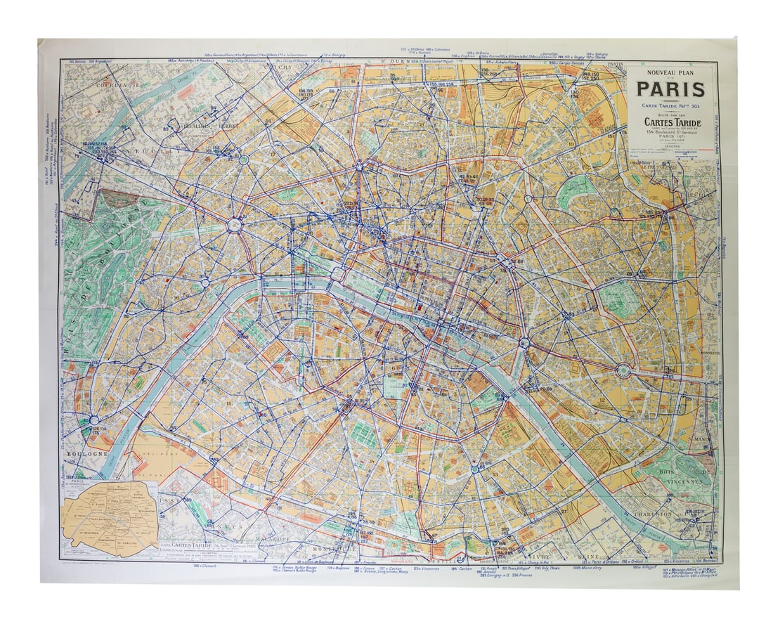 Paris bus stop map with numbered lines 1953 Tarride: Title: Paris bus stop map with numbered lines 1953 Tarride Description: Large Paris bus stop map with numbered lines edited by Tarride circa 1953 , The Taride publishing house was created in 1852 by