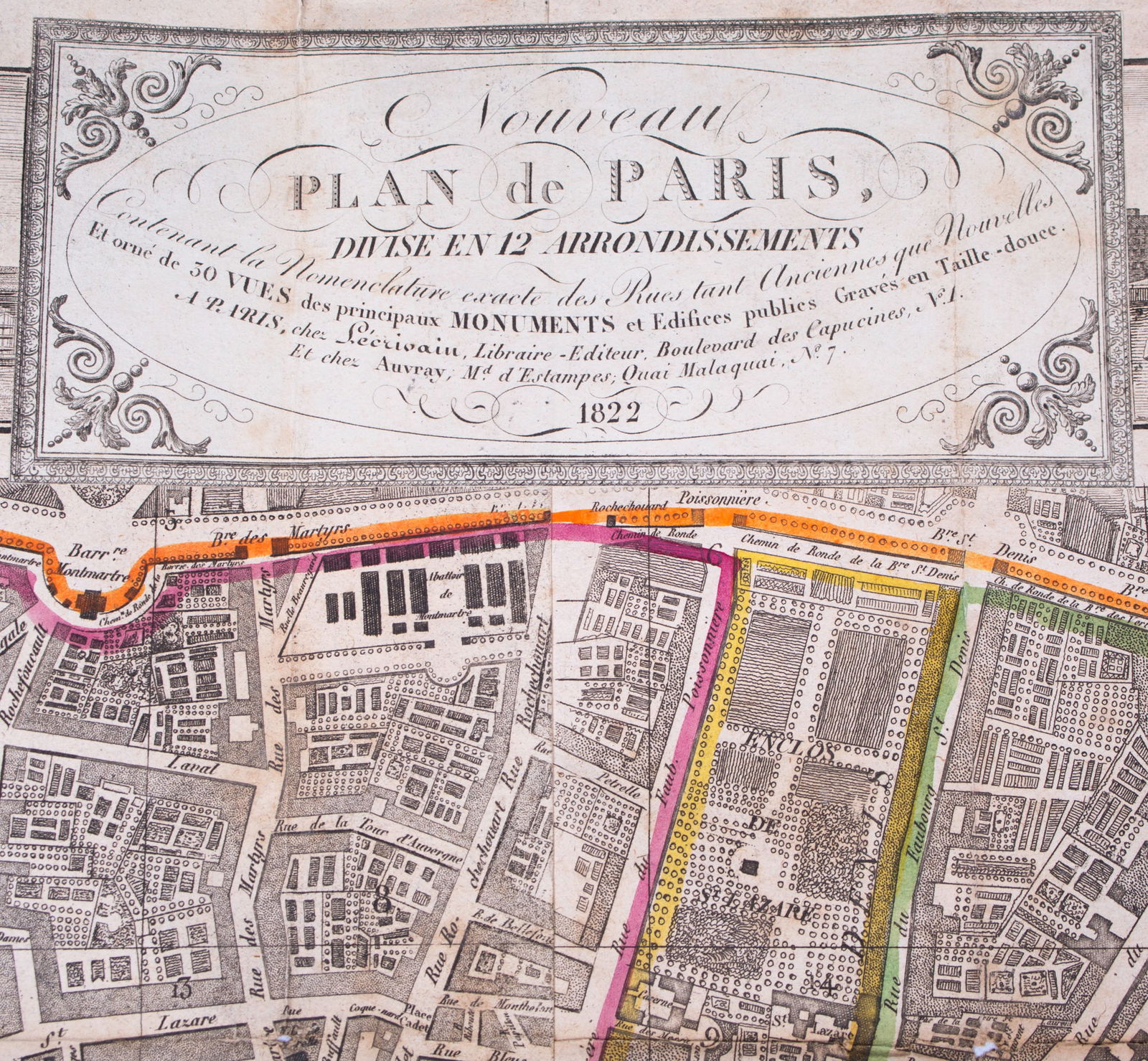 Large map engraving of Paris 1822 Auvray, Marchand d'Estampes , Quai Malaquais - 7