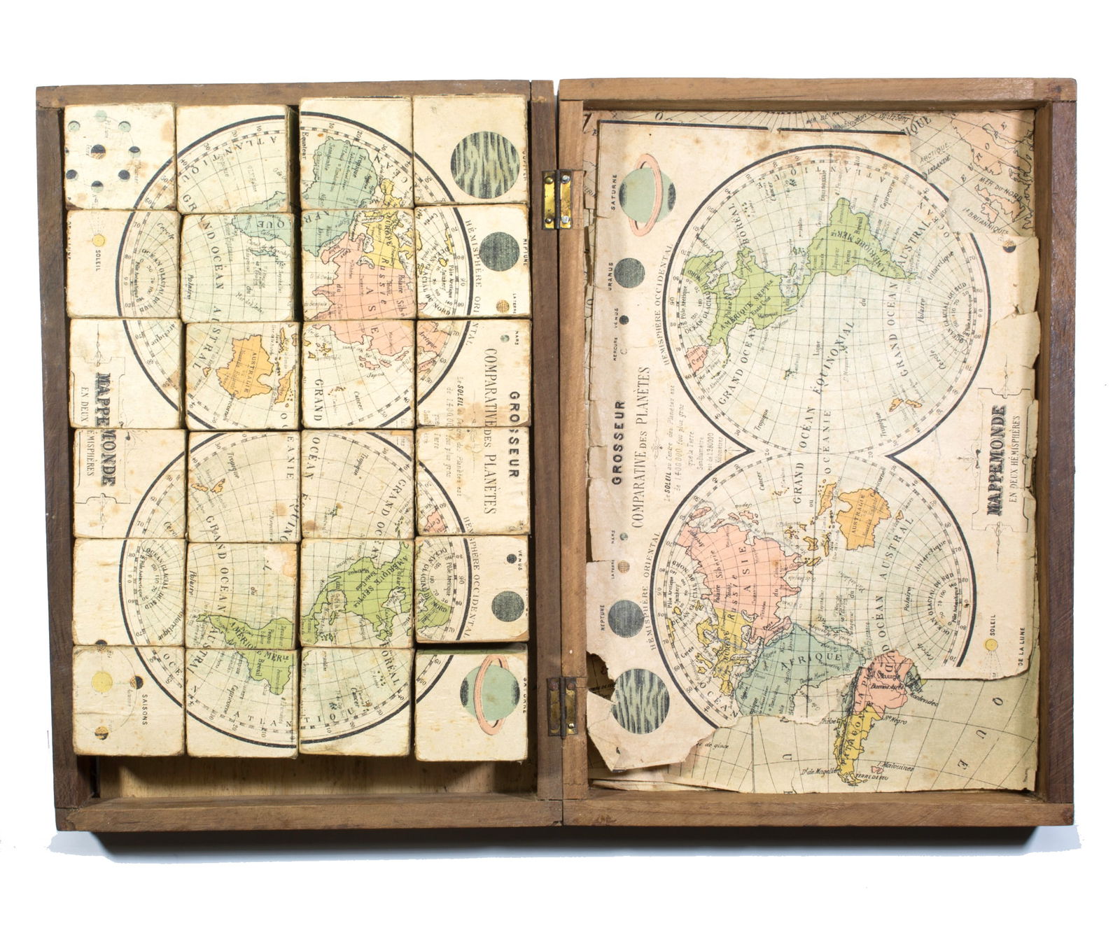 Puzzle box with wood cubs with maps of the worlds atlas 1890 french - 6