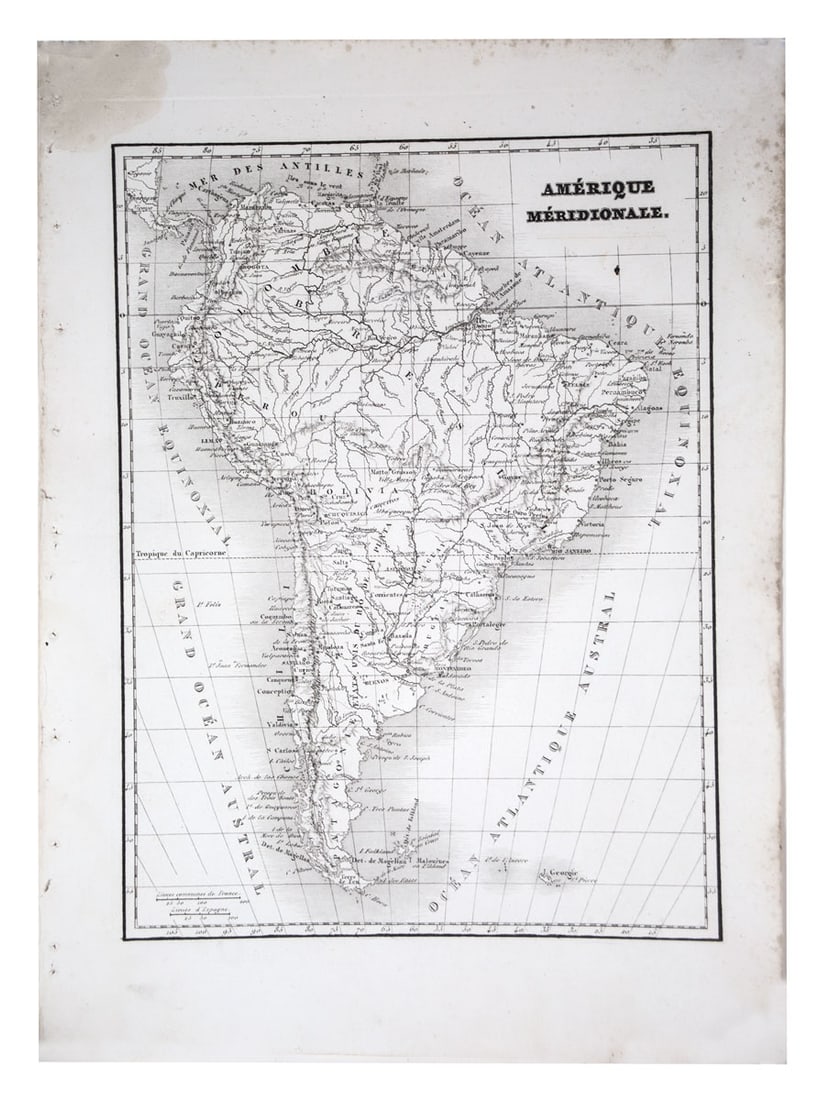 Antique French map of Southern America engraving Charles V. Monin (18..-1880): Title: Antique French map of Southern America engraving Charles V. Monin (18..-1880) Description: Charles V. Monin (18..-1880) was a French cartographer and publisher, three important atlases and