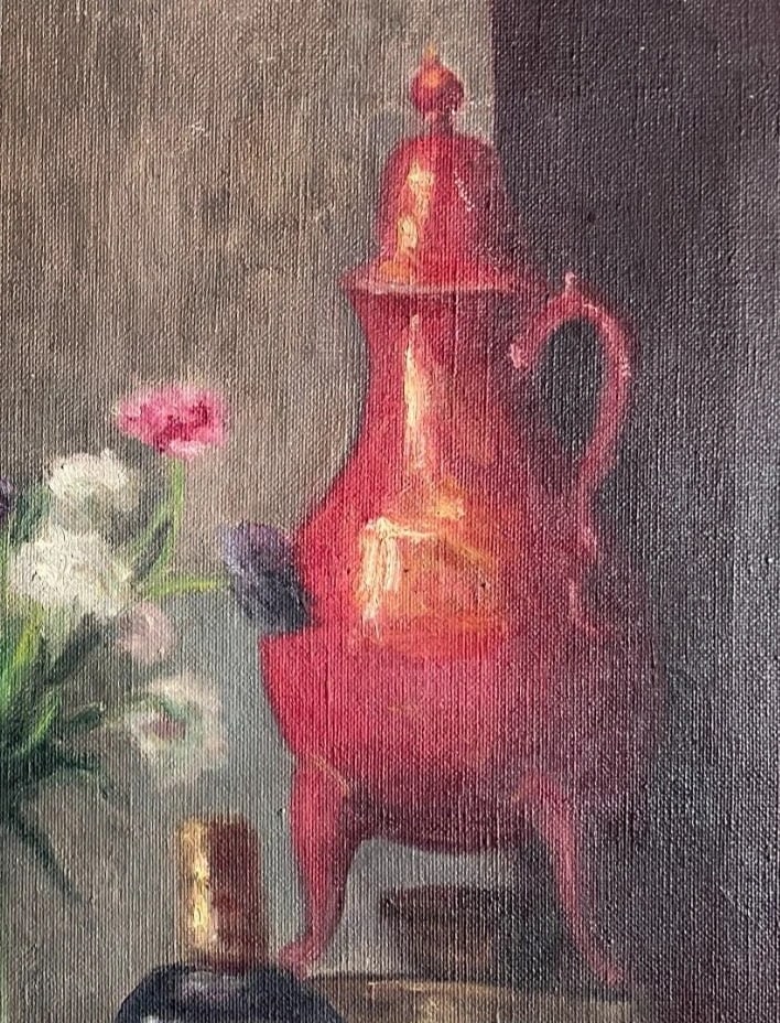 Pintura Antigua Original Floral, Flores, Rosas, Bodegón, Bebidas - 5