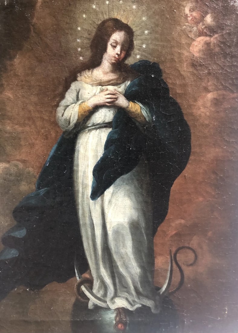 18th Virgin Immaculate Conception c. 1700 Antique Painting Spanish Original Old - 4