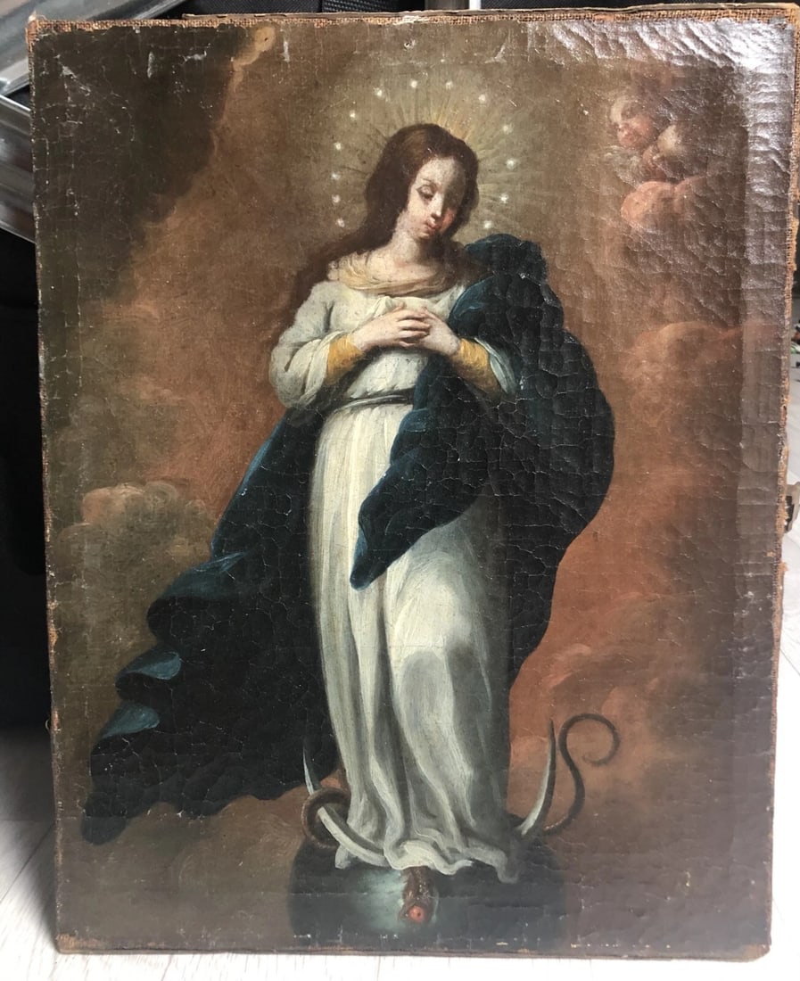 18th Virgin Immaculate Conception c. 1700 Antique Painting Spanish Original Old - 6