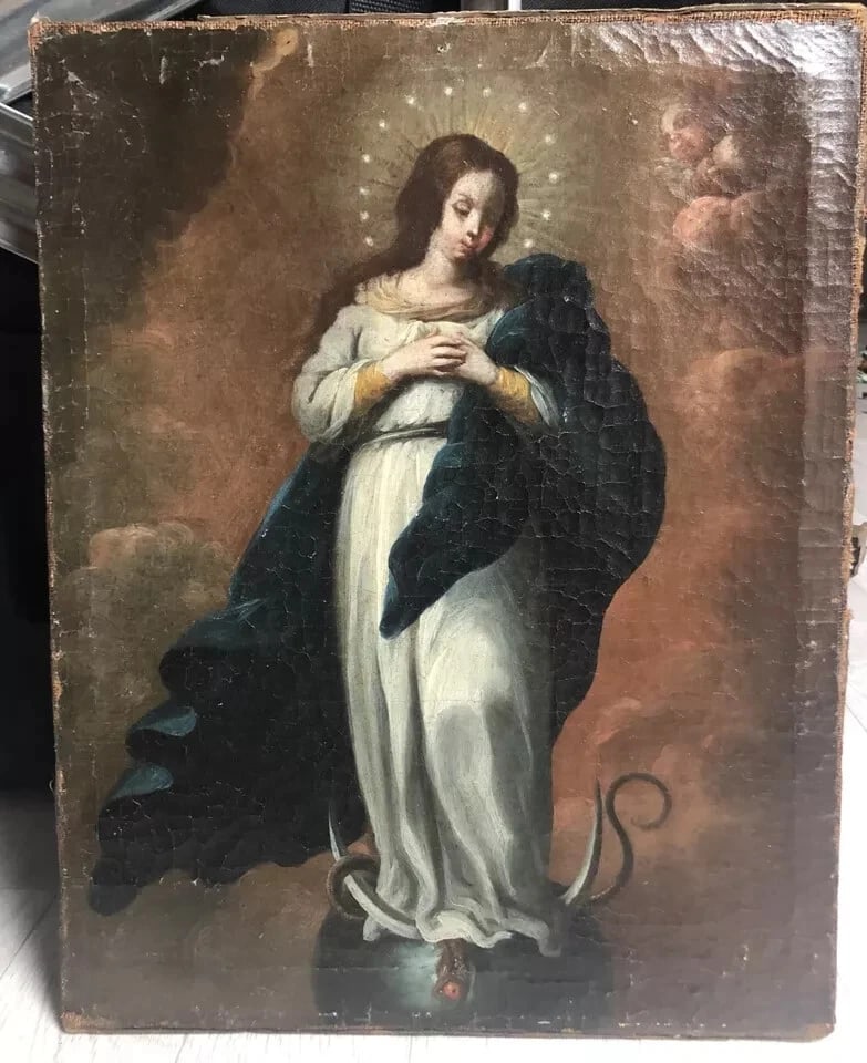 18th Virgin Immaculate Conception c. 1700 Antique Painting Spanish Original Old - 8