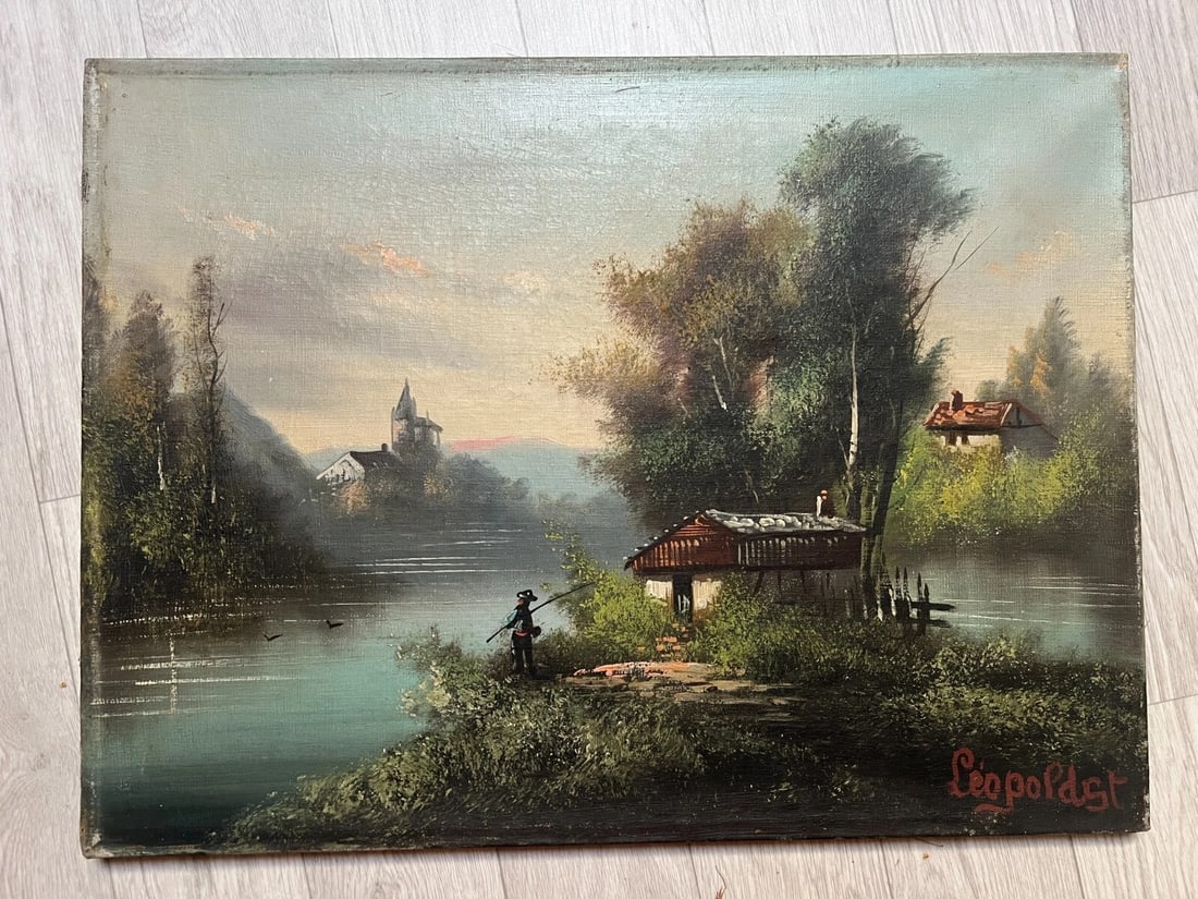 19th century Fisherman, Landscape Antique Oil Painting Original signed - 2