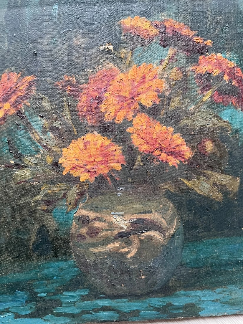 Antique Oil Painting Original Still Life, Flowers, Vase signed - 3