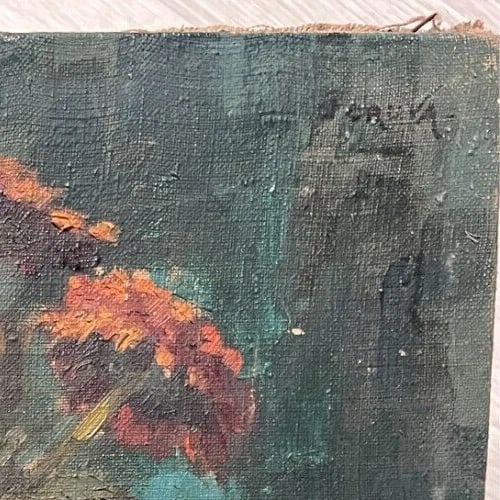 Antique Oil Painting Original Still Life, Flowers, Vase signed - 4