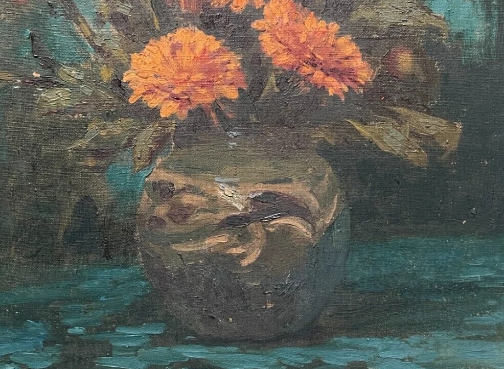 Antique Oil Painting Original Still Life, Flowers, Vase signed - 5