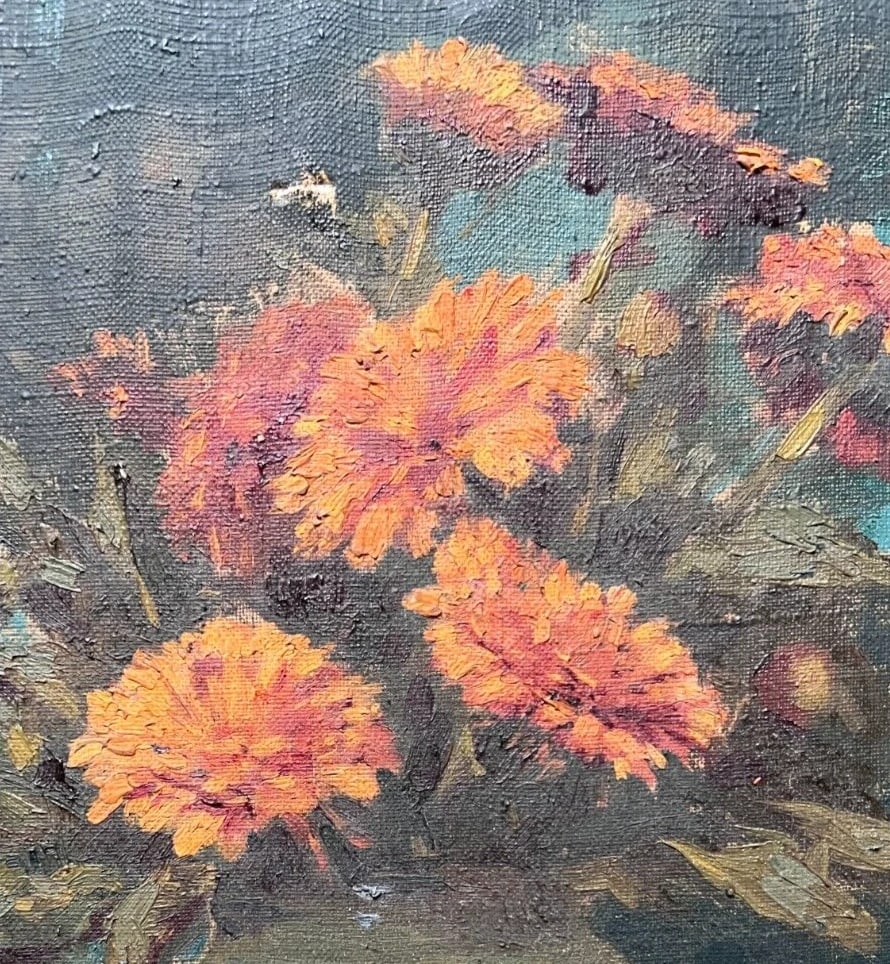 Antique Oil Painting Original Still Life, Flowers, Vase signed - 6