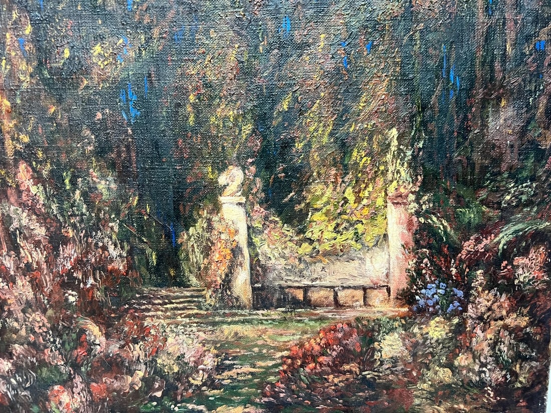 Antique Oil Painting Original Landscape, Garden, Trees, Forest, Flowers signed - 3