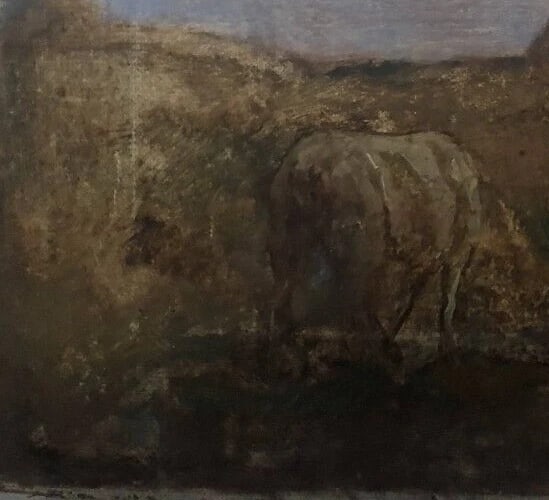 Antique Painting Original Landscape, Farm, Man, Boat, Goat, Sheep 19th century - 5