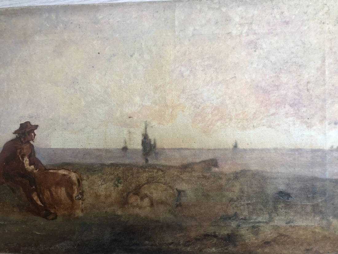 Antique Painting Original Landscape, Farm, Man, Boat, Goat, Sheep 19th century - 7