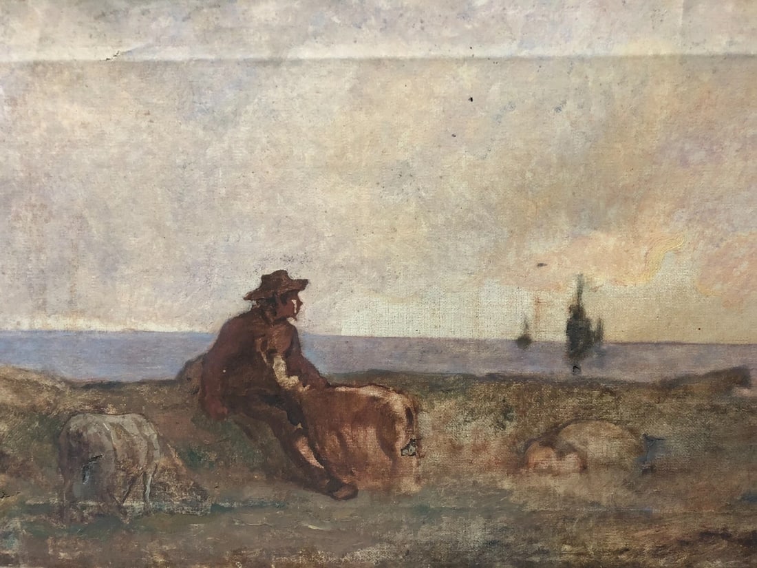 Antique Painting Original Landscape, Farm, Man, Boat, Goat, Sheep 19th century - 9