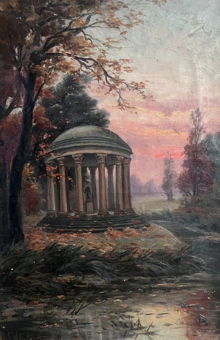 Antique Painting Original Landscape, Architecture, Sunset, Trees signed: Title: Antique Painting Original Landscape, Architecture, Sunset, Trees signed Description: Oil on canvas 56 x 37 cm / 22.04 x 14.56 inches signed Reserve: $700.00 Shipping:Domestic: Flat-rate of