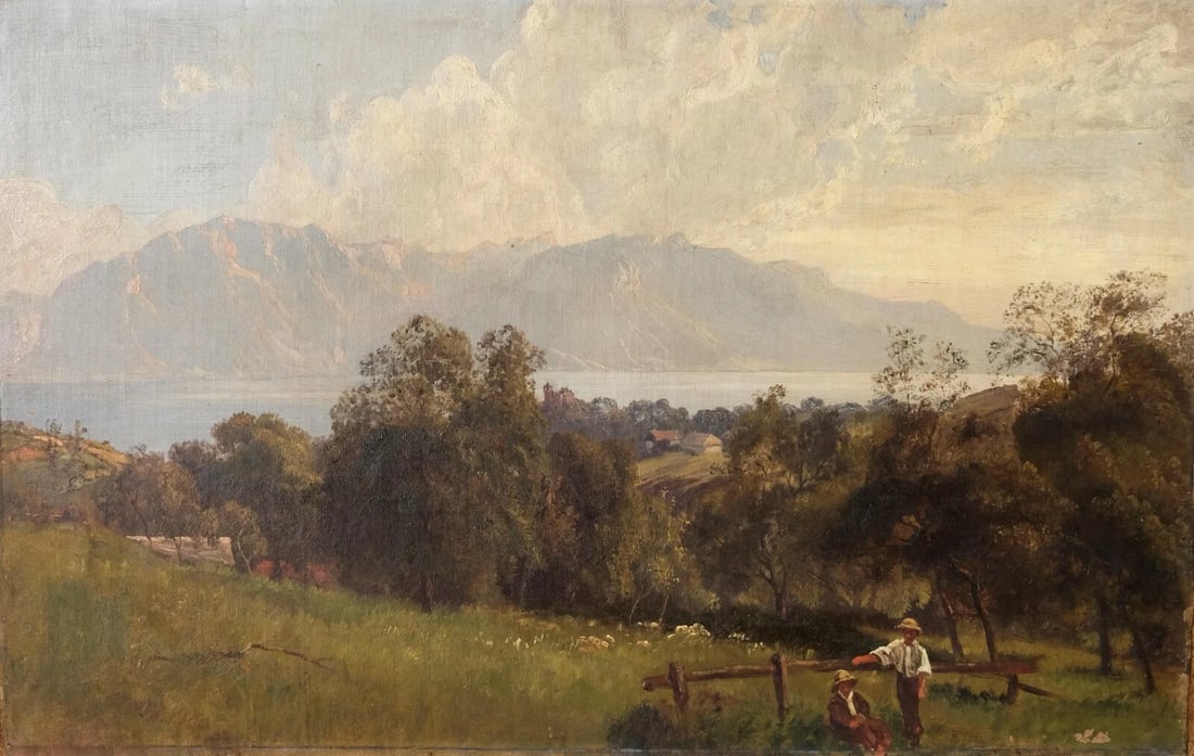 Antique Oil Painting Original 19th century Landscape Mountain People and Lake: Title: Antique Oil Painting Original 19th century Landscape Mountain People and Lake Description: Oil on canvas 34 x 54 cm Reserve: $900.00 Shipping:Domestic: Flat-rate of $35.00 to anywhere