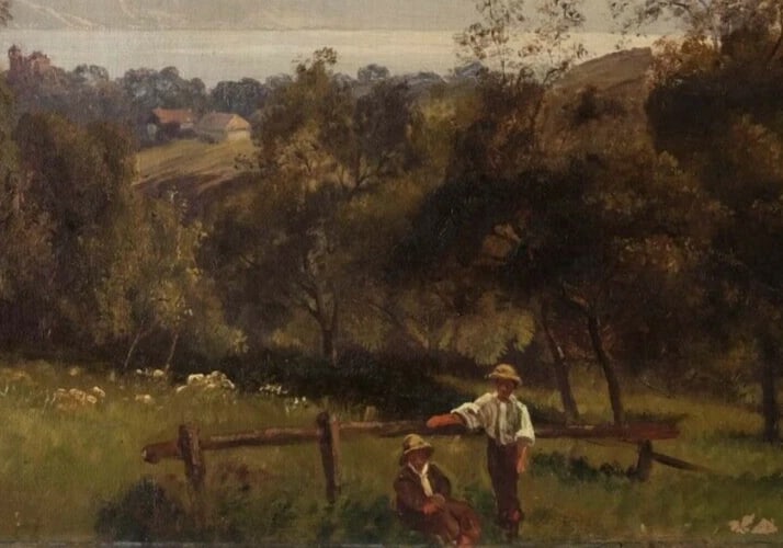 Antique Oil Painting Original 19th century Landscape Mountain People and Lake - 3