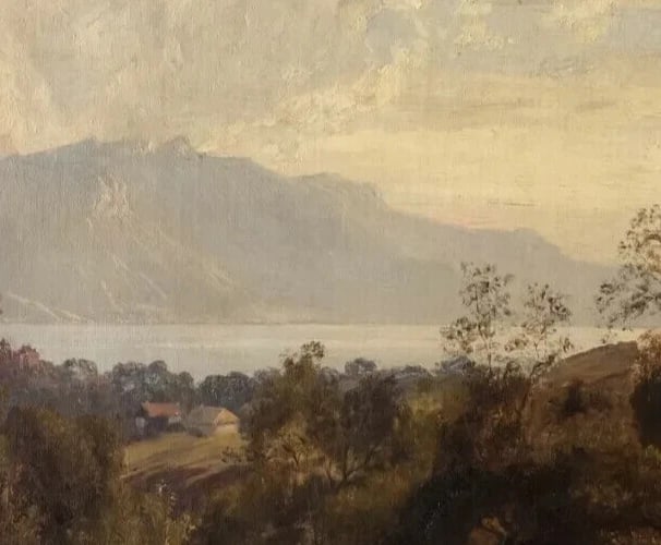 Antique Oil Painting Original 19th century Landscape Mountain People and Lake - 6