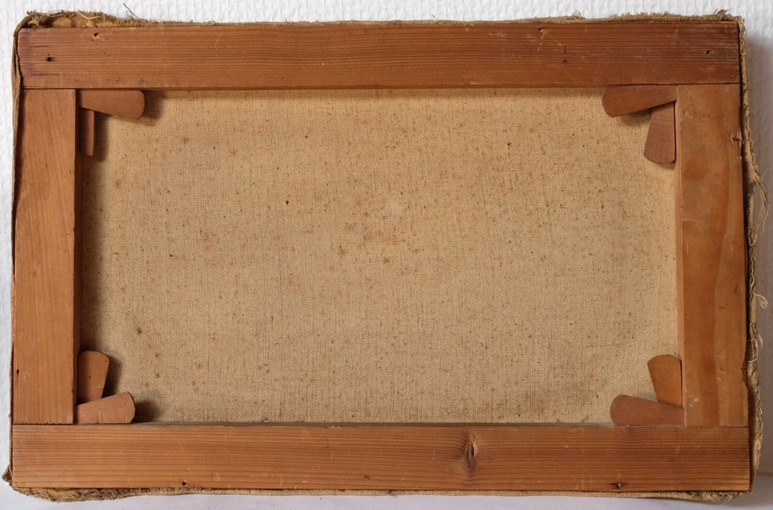 Antique Oil Painting Original 19th century Landscape Mountain People and Lake - 8