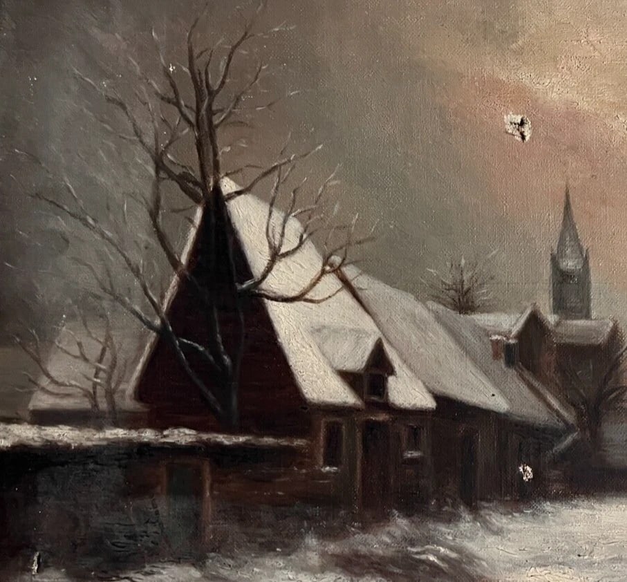 Antique Original Painting Landscape signed Winter Village Horse Landscape - 4