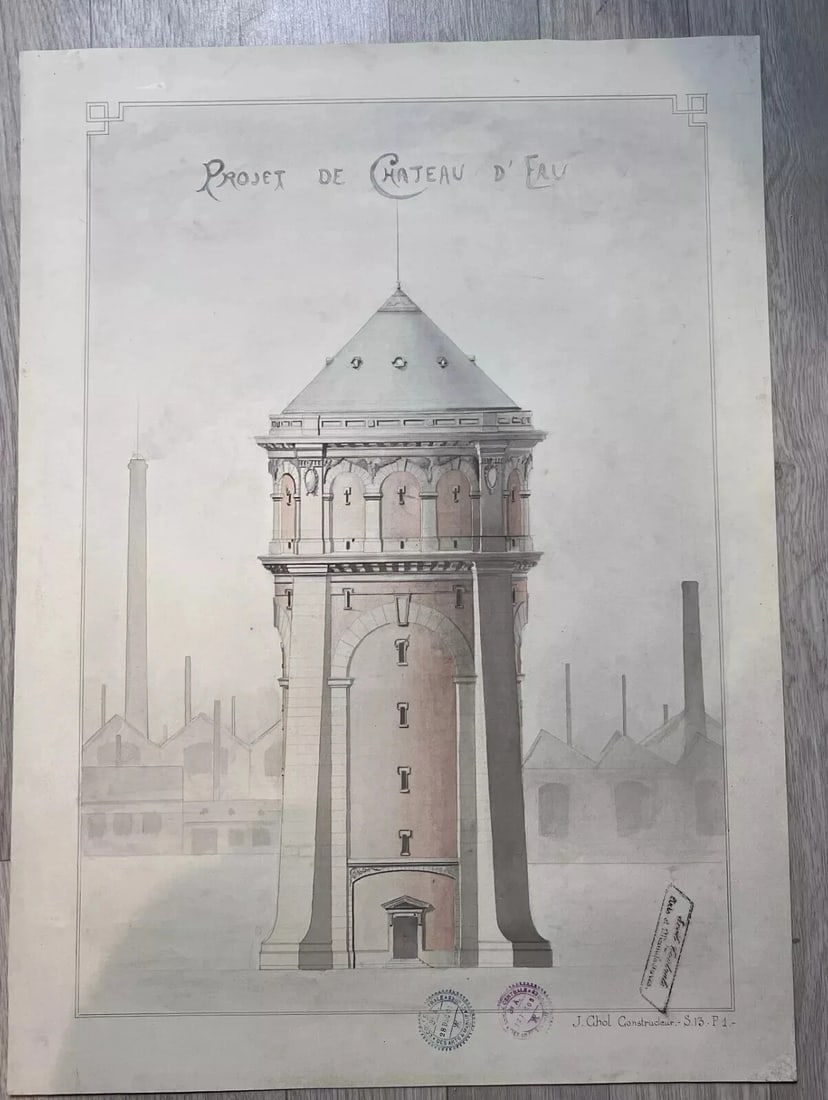 Architecture Building Water Tower Project - Drawing Antique Original - 2
