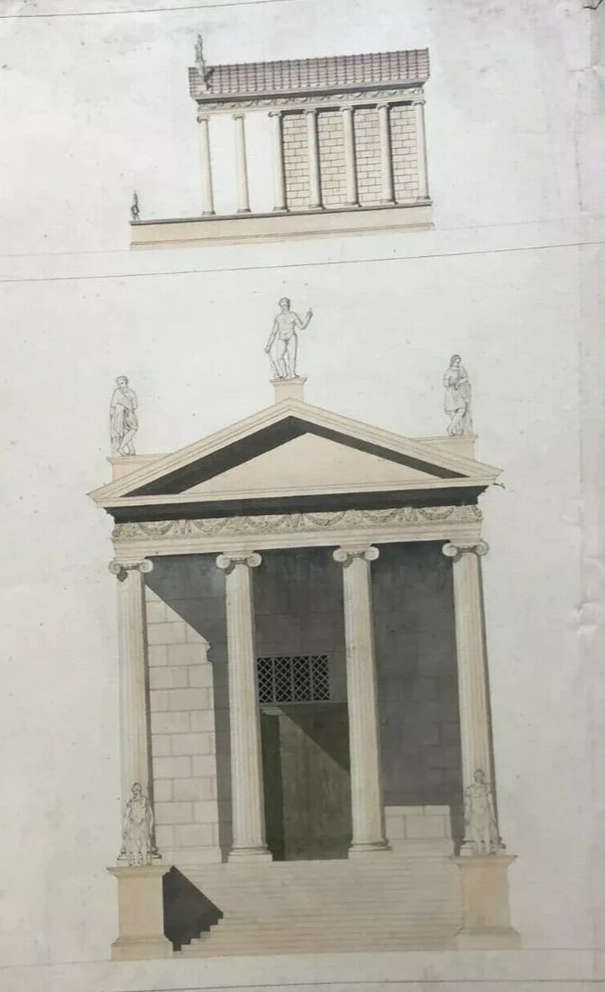 Building, Architecture, Plans, Sculpture - Drawing Antique Architecture c. 1848: Title: Building, Architecture, Plans, Sculpture - Drawing Antique Architecture c. 1848 Description: watercolor on paper 50 x 40 cm signed stains, cuts, folds Reserve: $150.00 Shipping: Domestic: Fla