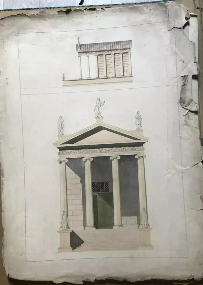 Building, Architecture, Plans, Sculpture - Drawing Antique Architecture c. 1848 - 8