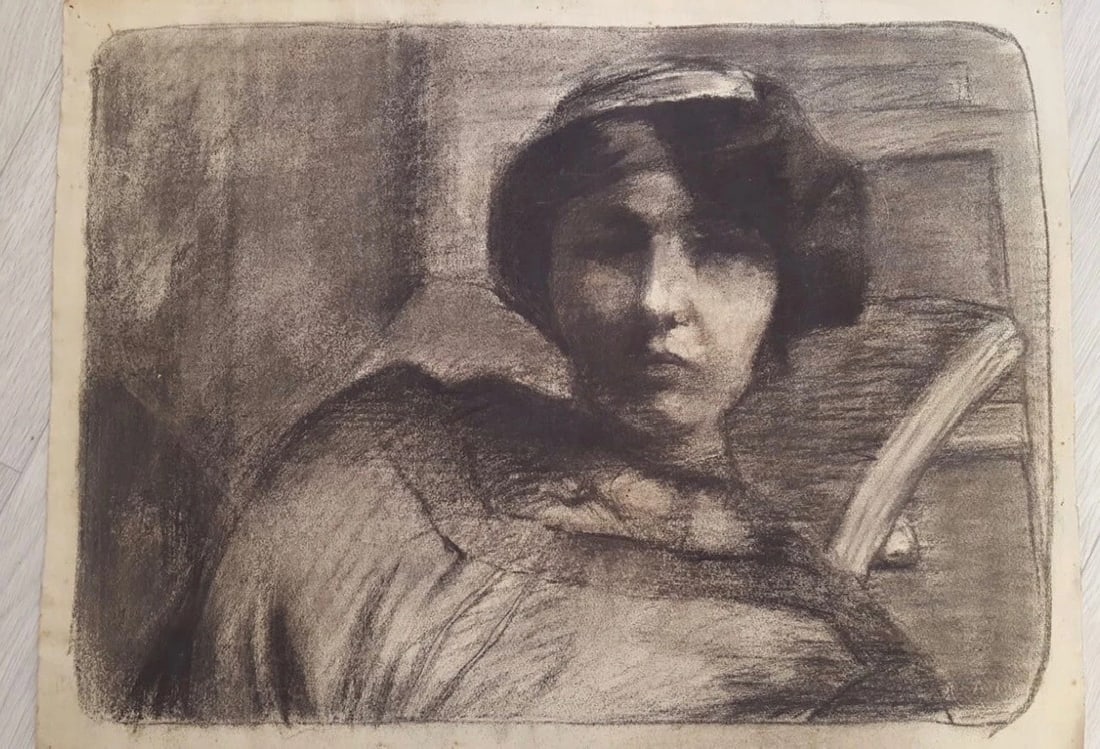 Woman Portrait - Drawing Antique Original Charcoal - 6