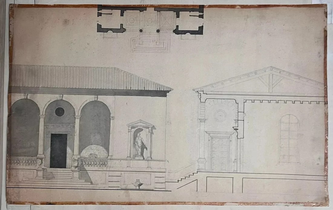 Antique Architecture Drawing Building, Architecture, Plans, Sculpture c. 1848 - 8