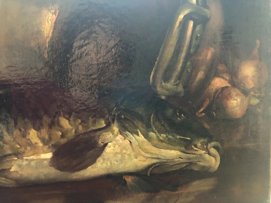 19th century Still Life with Fish, Pickles - Antique Painting Oil Orginal signed - 4