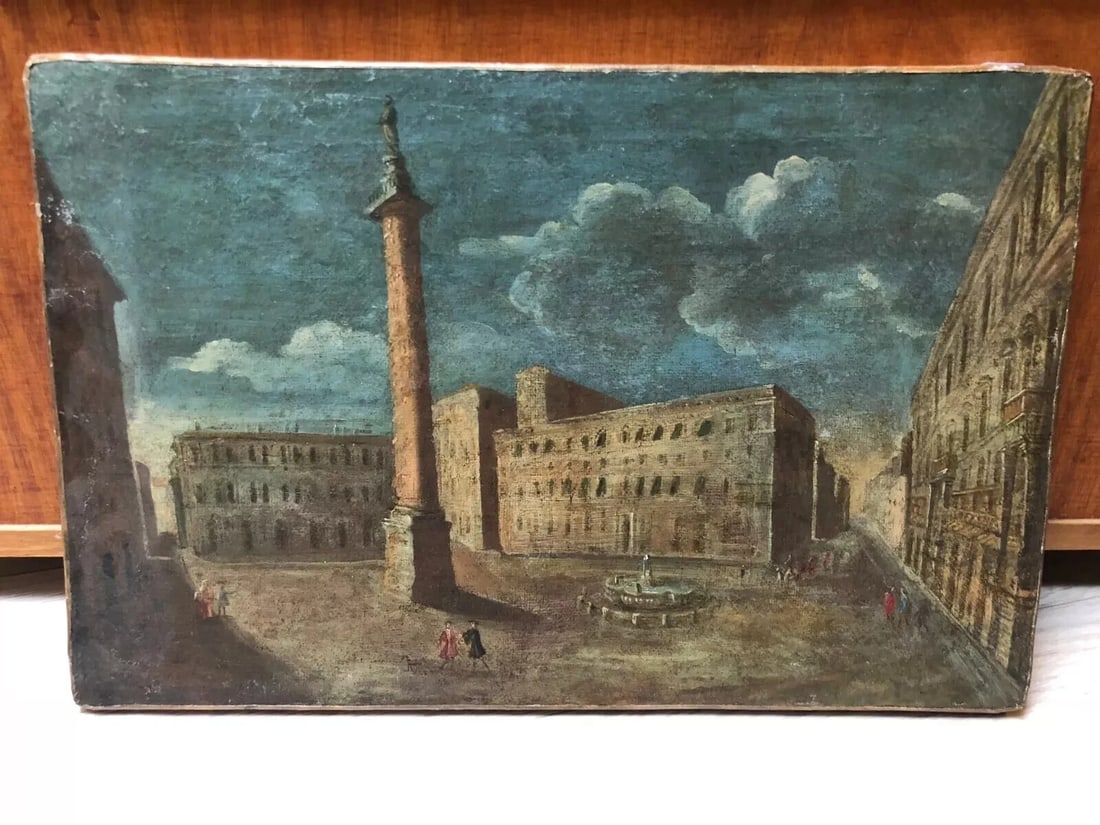 Antique Oil Painting Original 18th century Original Landscape City Italy - 5