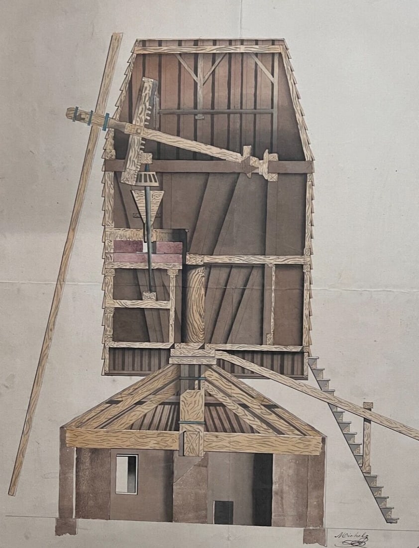 Antique Architecture Drawing Building, Carpenter, Engineering Machine c. 1850