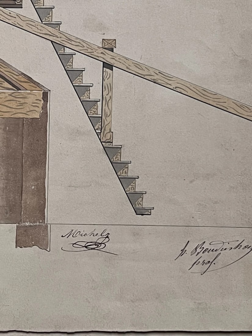 Antique Architecture Drawing Building, Carpenter, Engineering Machine c. 1850 - 2