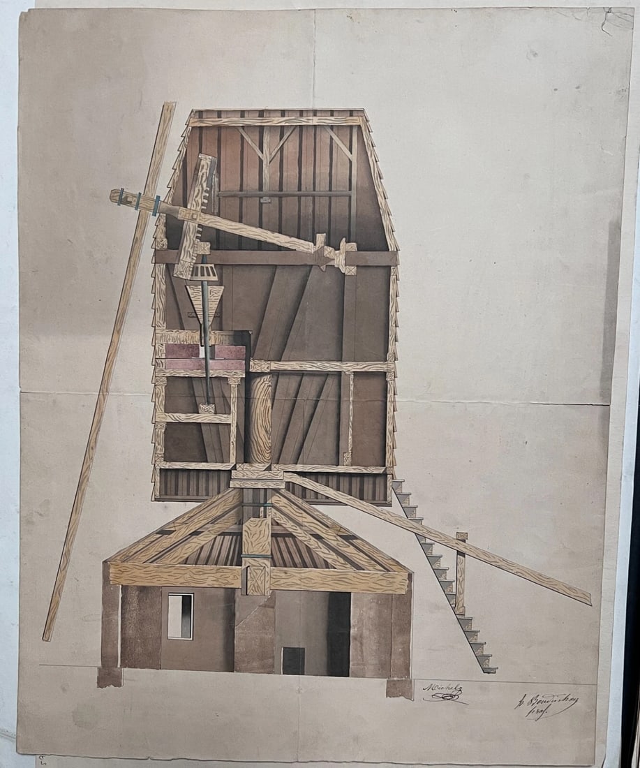 Antique Architecture Drawing Building, Carpenter, Engineering Machine c. 1850 - 3