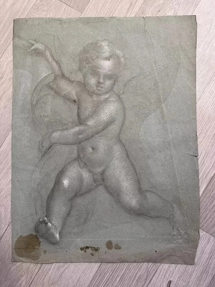 Original Antique Pencil 18th century Drawing Figure Angel Artwork - 8