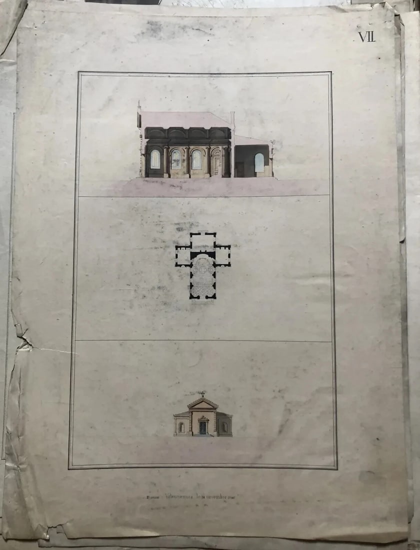 Antique Original Old Architecture 19th century Drawing Buildings and Plans - 2