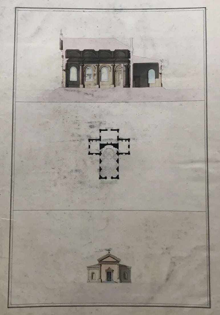 Antique Original Old Architecture 19th century Drawing Buildings and Plans - 5