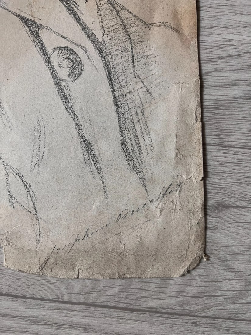 Antique Drawing Charcoal Original Man Portrait with Moustache, Hat signed - 3