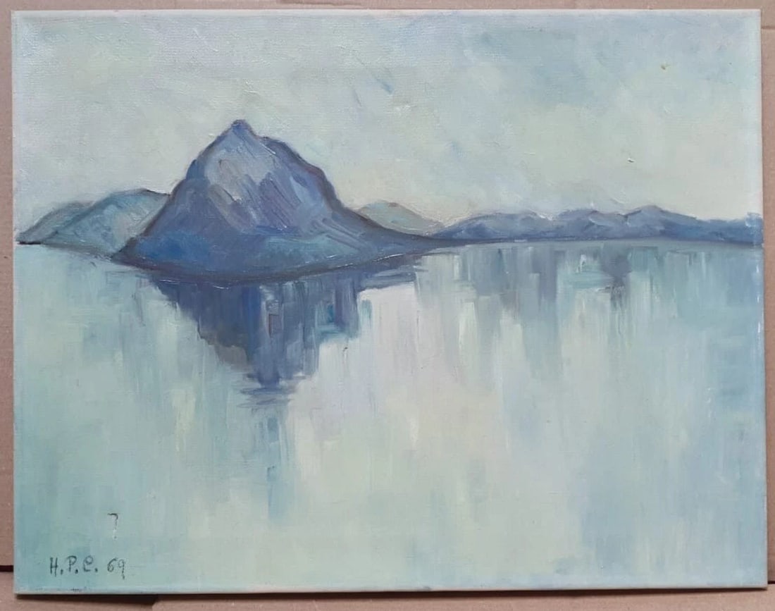 Vintage Oil Painting signed Blue Mountain Landscape Modern - 3