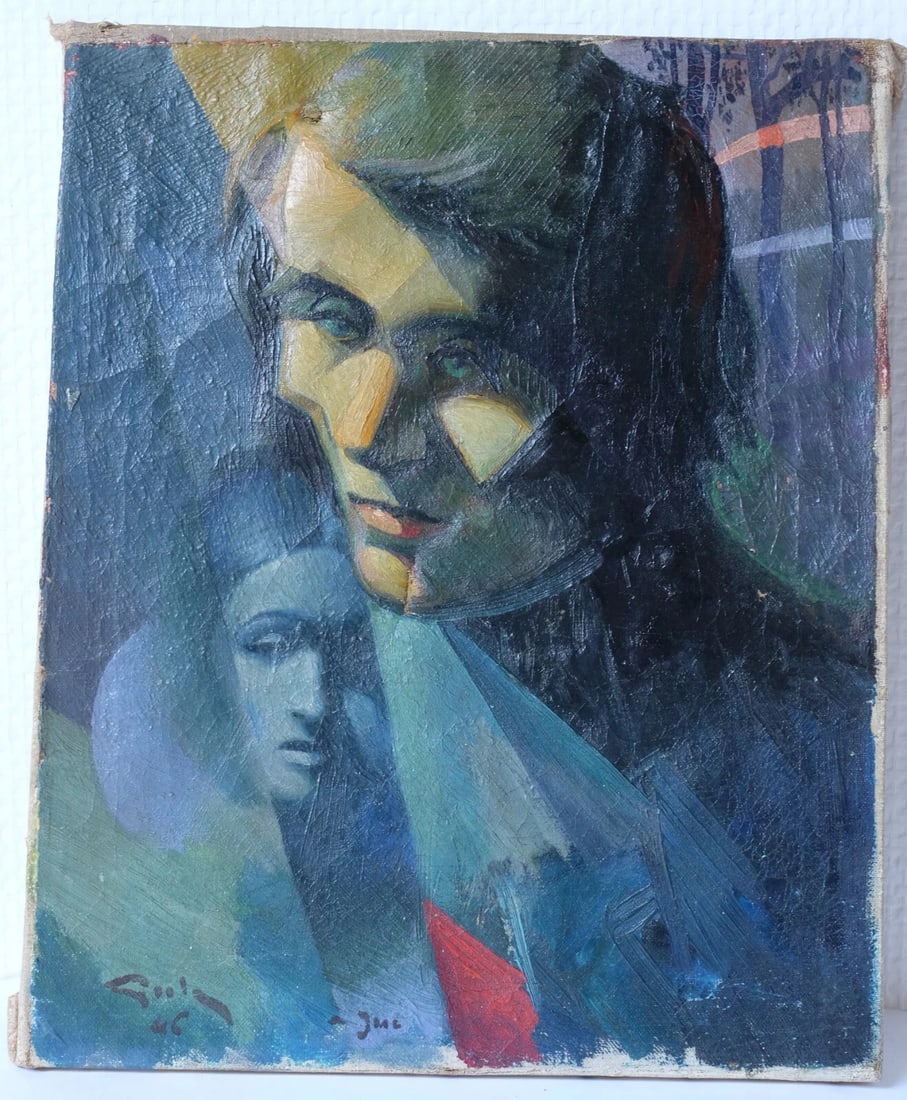 Antique Oil on canvas Painting Women Portrait Cubist Abstract signed - 6