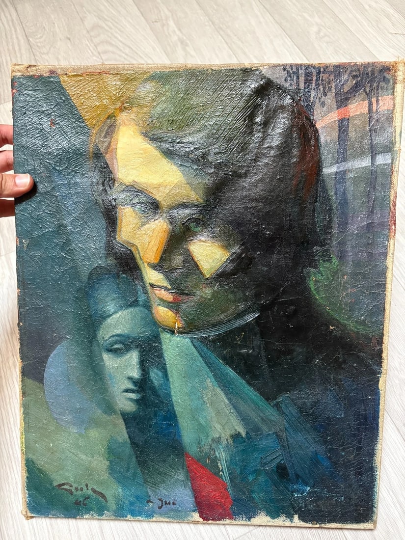 Antique Oil on canvas Painting Women Portrait Cubist Abstract signed - 7