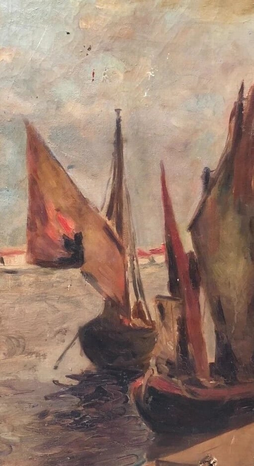 Maritime Landscape with Boats at Sea, Sunset Antique Original Painting Signed - 2