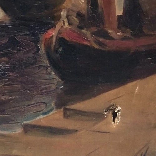 Maritime Landscape with Boats at Sea, Sunset Antique Original Painting Signed - 6