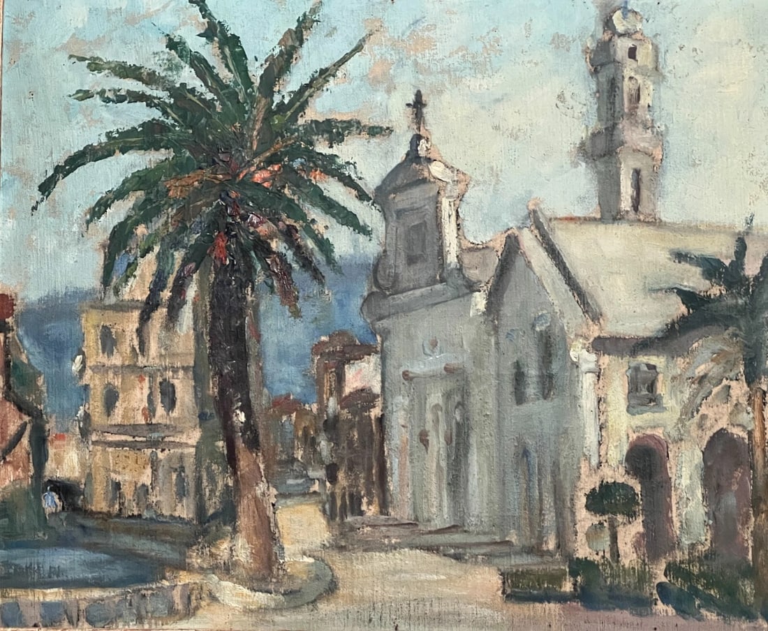 Maritime Landscape , Cityview, Building, Church, Tree - Antique Oil Painting: Title: Maritime Landscape , Cityview, Building, Church, Tree - Antique Oil Painting Description: Antique Oil Painting Maritime Landscape , Cityview, Building, Church, Tree Oil on isorel 39 x 46 cm /