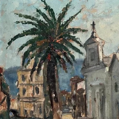 Maritime Landscape , Cityview, Building, Church, Tree - Antique Oil Painting - 3