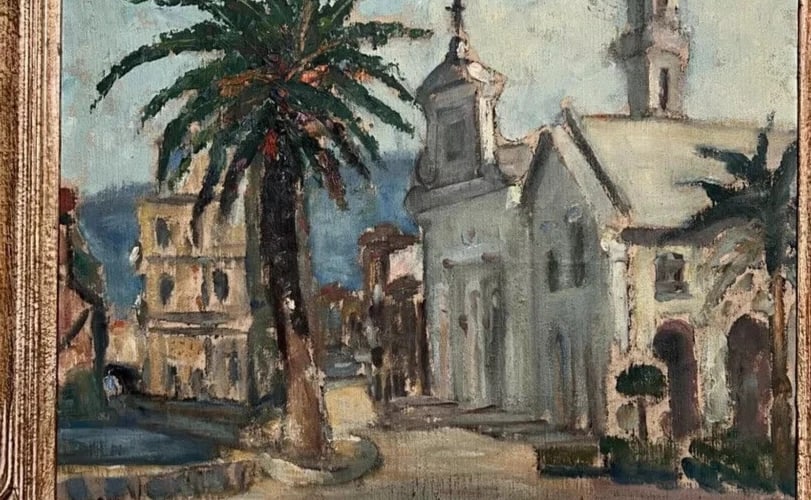 Maritime Landscape , Cityview, Building, Church, Tree - Antique Oil Painting - 5