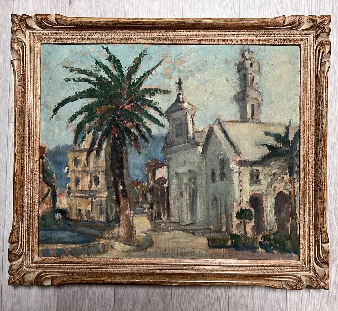 Maritime Landscape , Cityview, Building, Church, Tree - Antique Oil Painting - 7