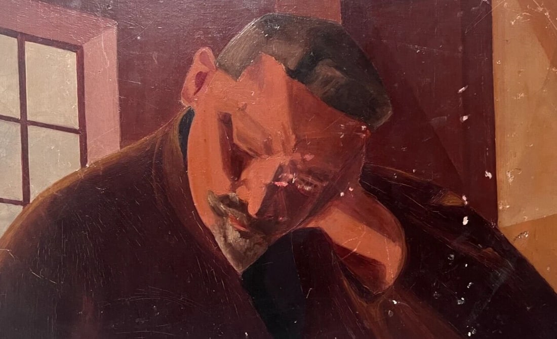 Red Man Portrait Sleeping - Antique Original Painting: Title: Red Man Portrait Sleeping - Antique Original Painting Description: Oil on paper stick to cardboard 50 x 32 cm / 19.68 x 12.59 inches signed missing parts Reserve: $150.00 Shipping:Domestic: