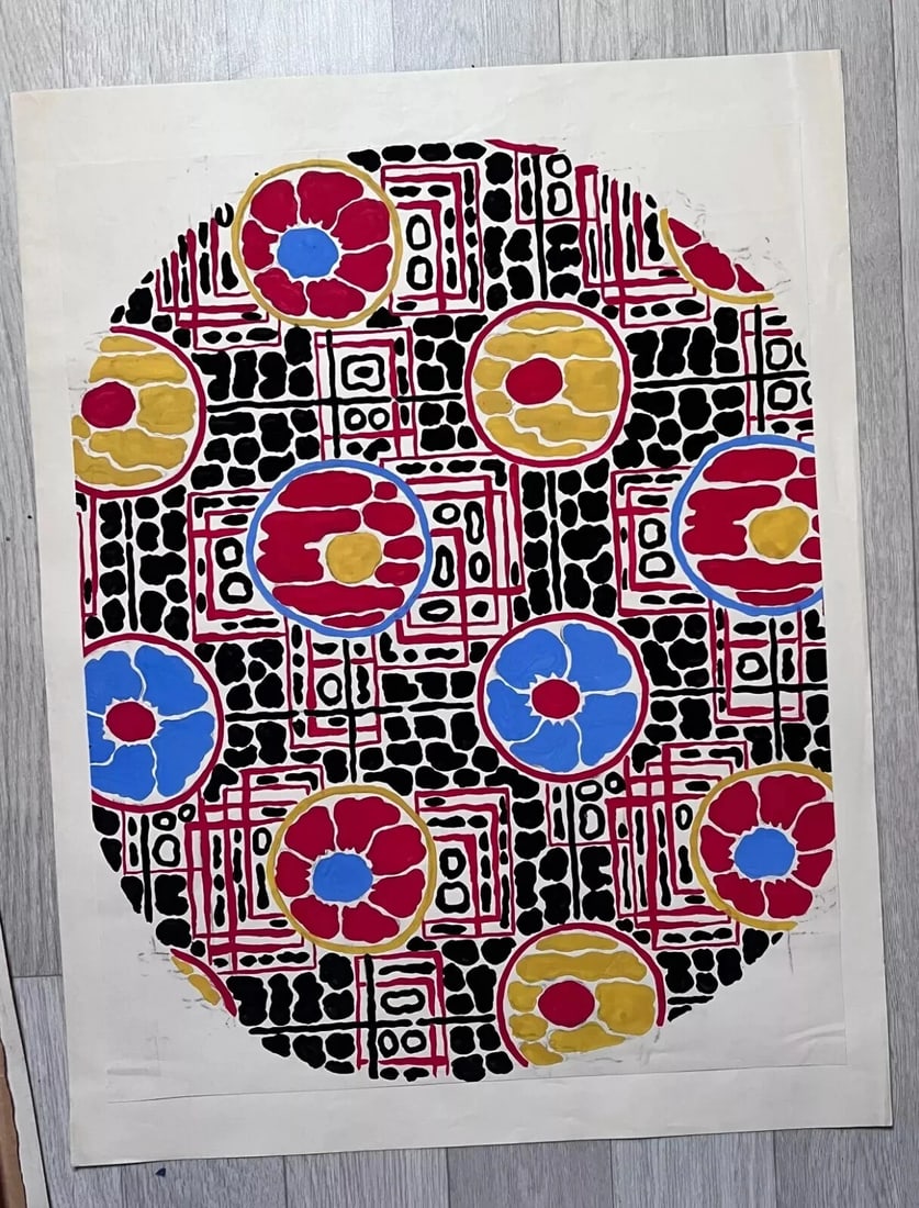 Textile Drawing Black Blue Red Flowers Fabric Artwork Antique Drawing Original - 2